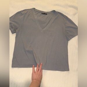 Zara Women's Light Gray V-Neck Tee